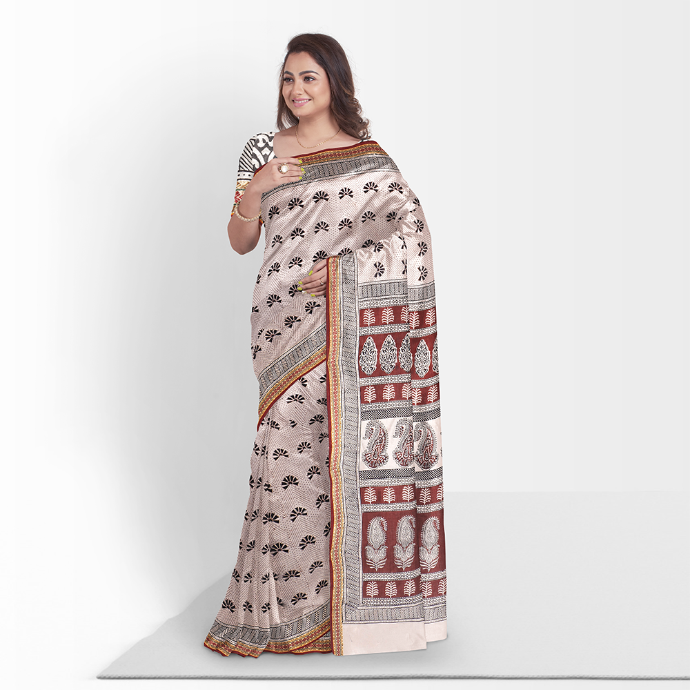 Bagh Hand Block Printing Natural Dyed Cotton Saree with Zari Border