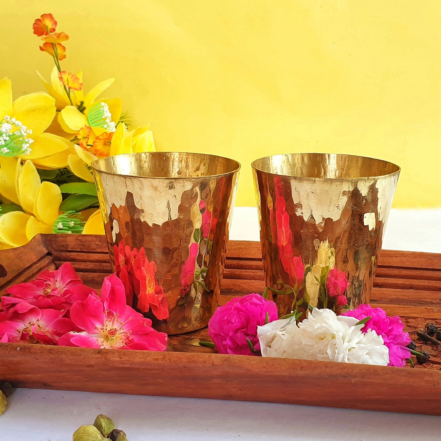 P-TAL Thathera Hand-hammered Brass Dessert Glasses Set - Brass Tea Glasses with Spoons
