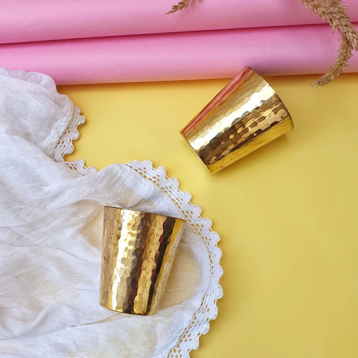 P-TAL Thathera Hand-hammered Brass Dessert Glasses Set - Brass Tea Glasses with Spoons