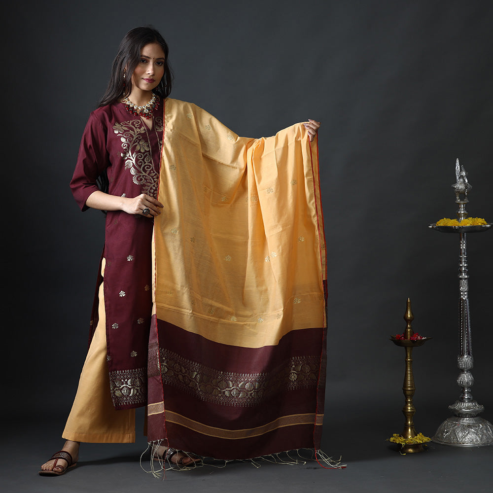 Maroon &amp; Beige Phulia Jamdani Silk Stitched Kurti with Palazzo &amp; Dupatta Set