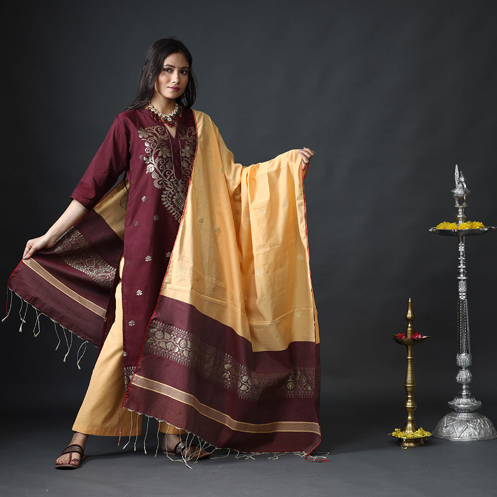 Maroon &amp; Beige Phulia Jamdani Silk Stitched Kurti with Palazzo &amp; Dupatta Set