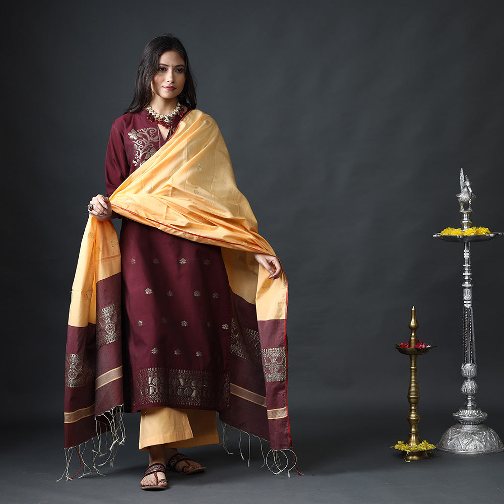 Maroon &amp; Beige Phulia Jamdani Silk Stitched Kurti with Palazzo &amp; Dupatta Set