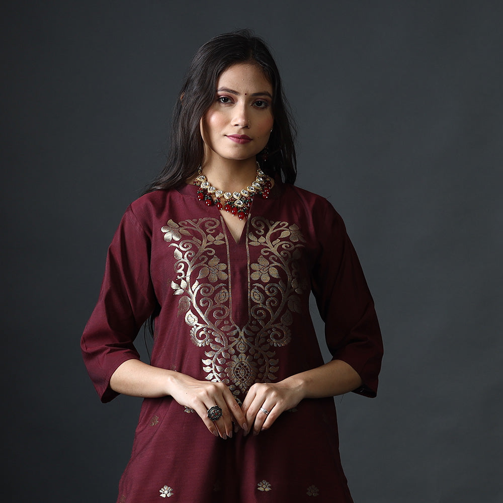 Maroon &amp; Beige Phulia Jamdani Silk Stitched Kurti with Palazzo &amp; Dupatta Set