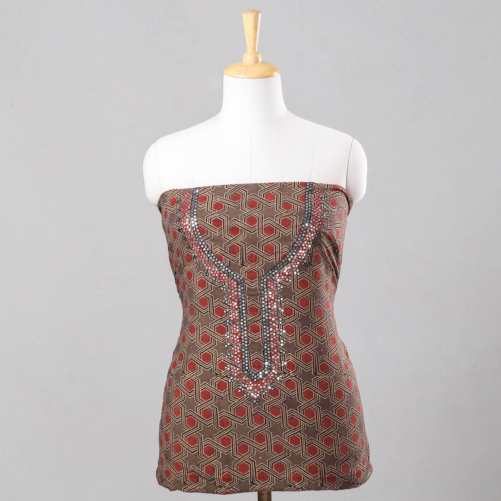 Sequin Work Embroidery Ajrakh Block Printing Cotton Kurti Material - 2.6 meter