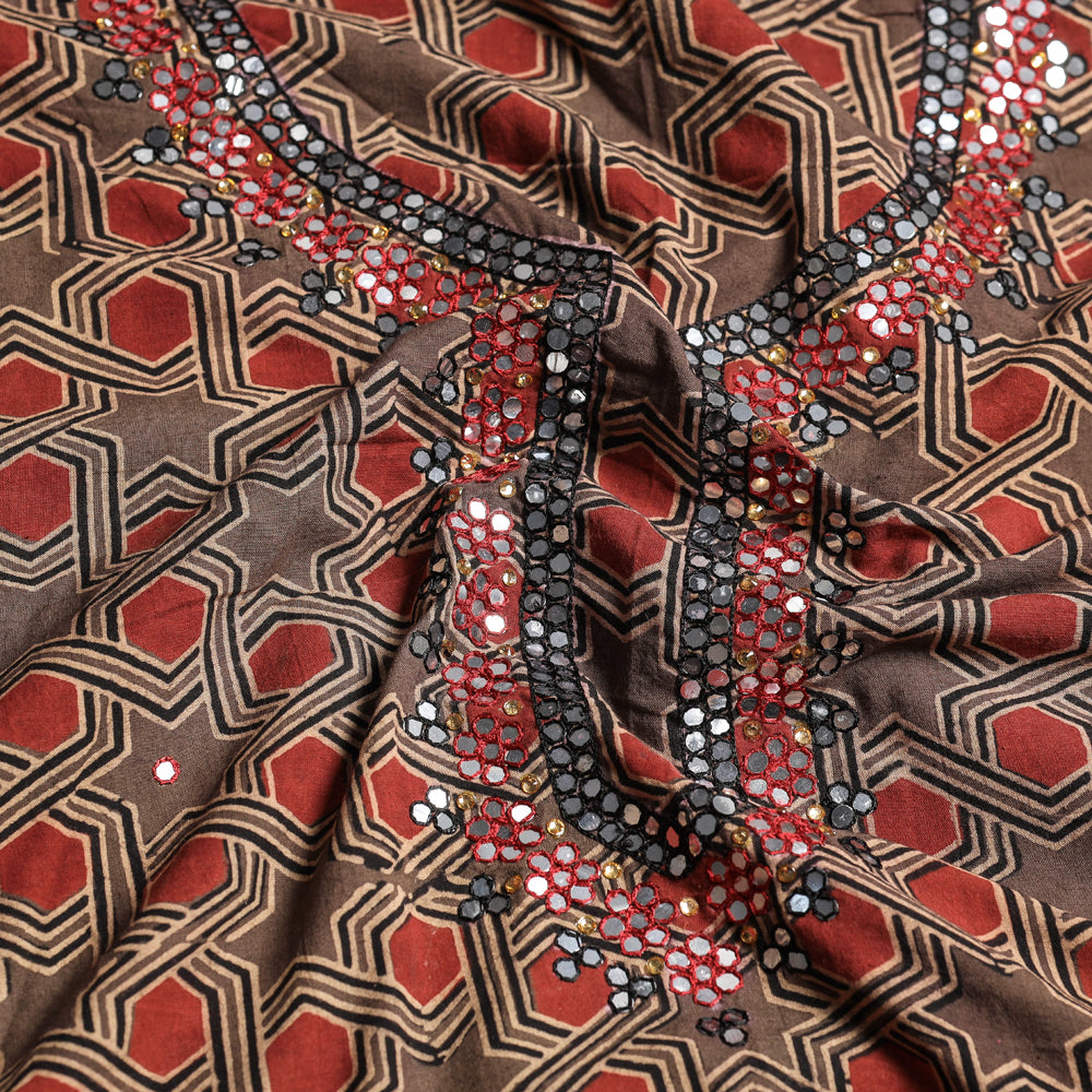 Sequin Work Embroidery Ajrakh Block Printing Cotton Kurti Material - 2.6 meter