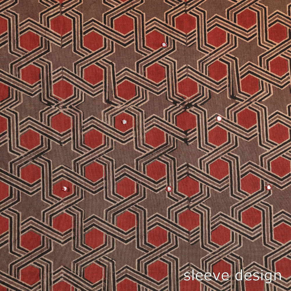 Sequin Work Embroidery Ajrakh Block Printing Cotton Kurti Material - 2.6 meter