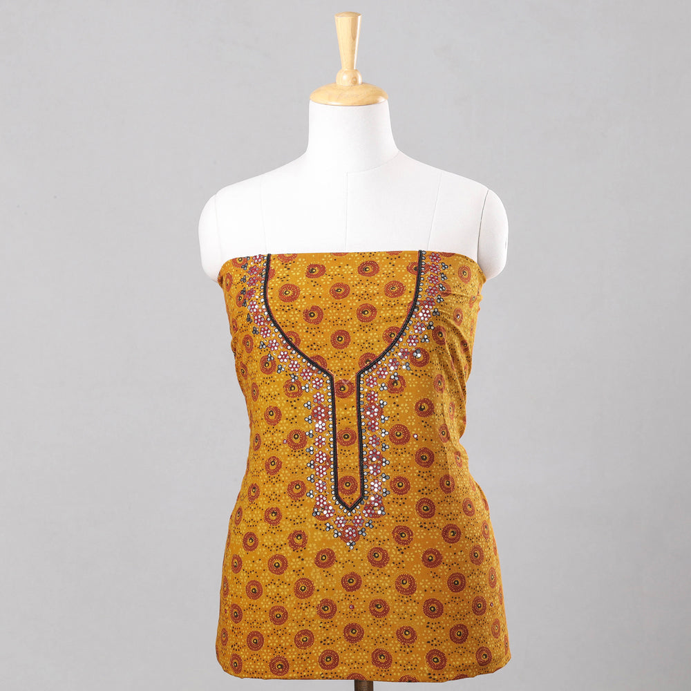 Sequin &amp; Bead Work Embroidery Ajrakh Block Printing Cotton Kurti Material - 2.6 meter