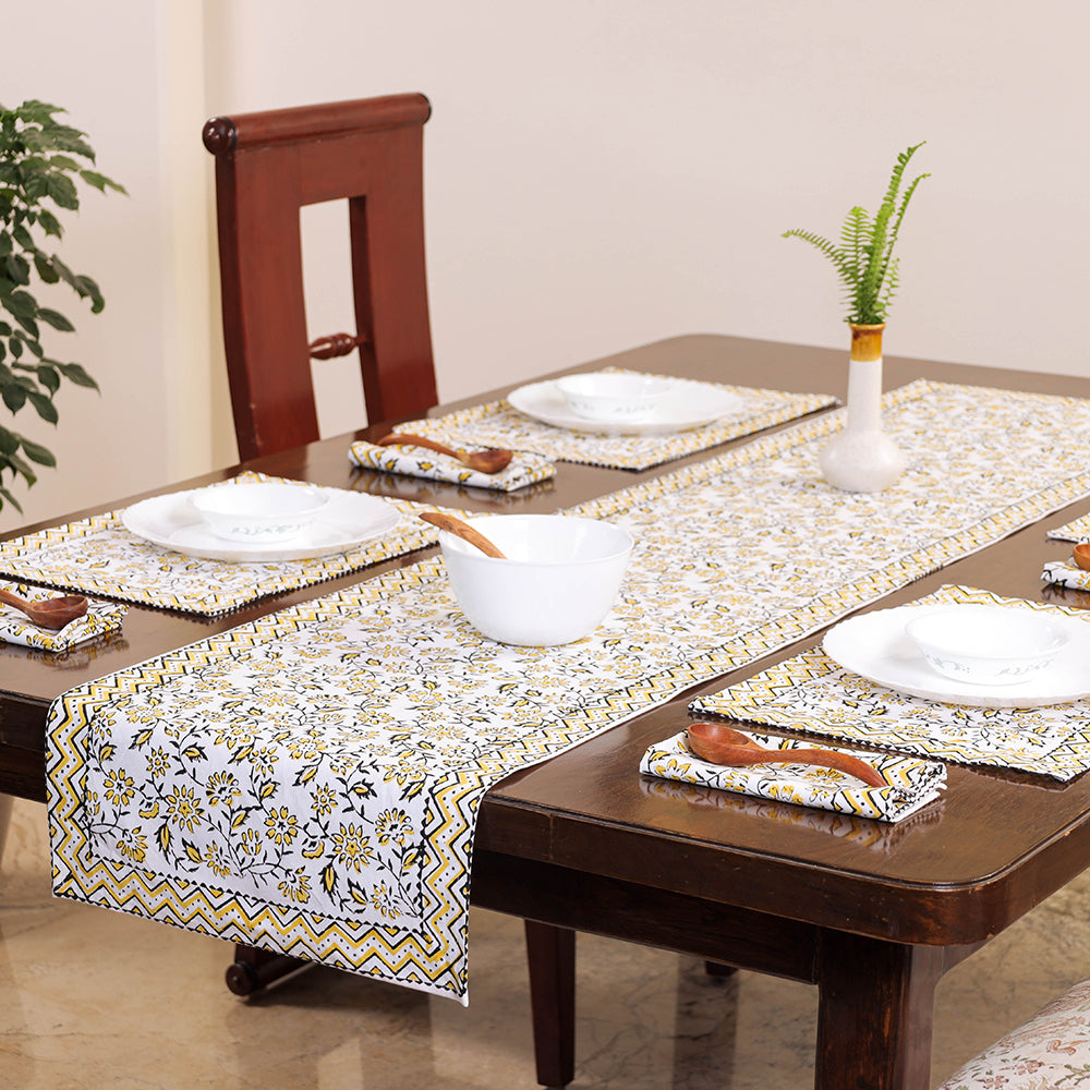 Sanganeri Block Printing Cotton Dining Table Runner, Mats (set of 6) &amp; Napkins (set of 6)