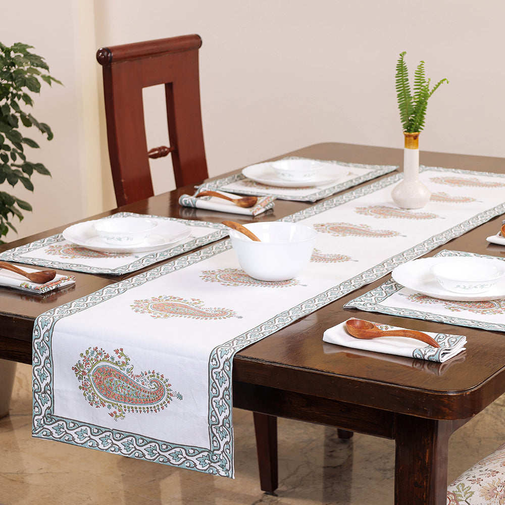 Sanganeri Block Printing Cotton Dining Table Runner, Mats (set of 6) &amp; Napkins (set of 6)