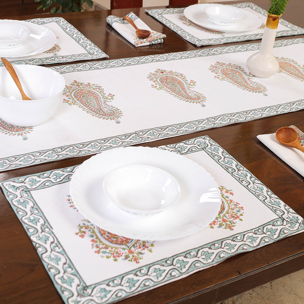 Sanganeri Block Printing Cotton Dining Table Runner, Mats (set of 6) &amp; Napkins (set of 6)