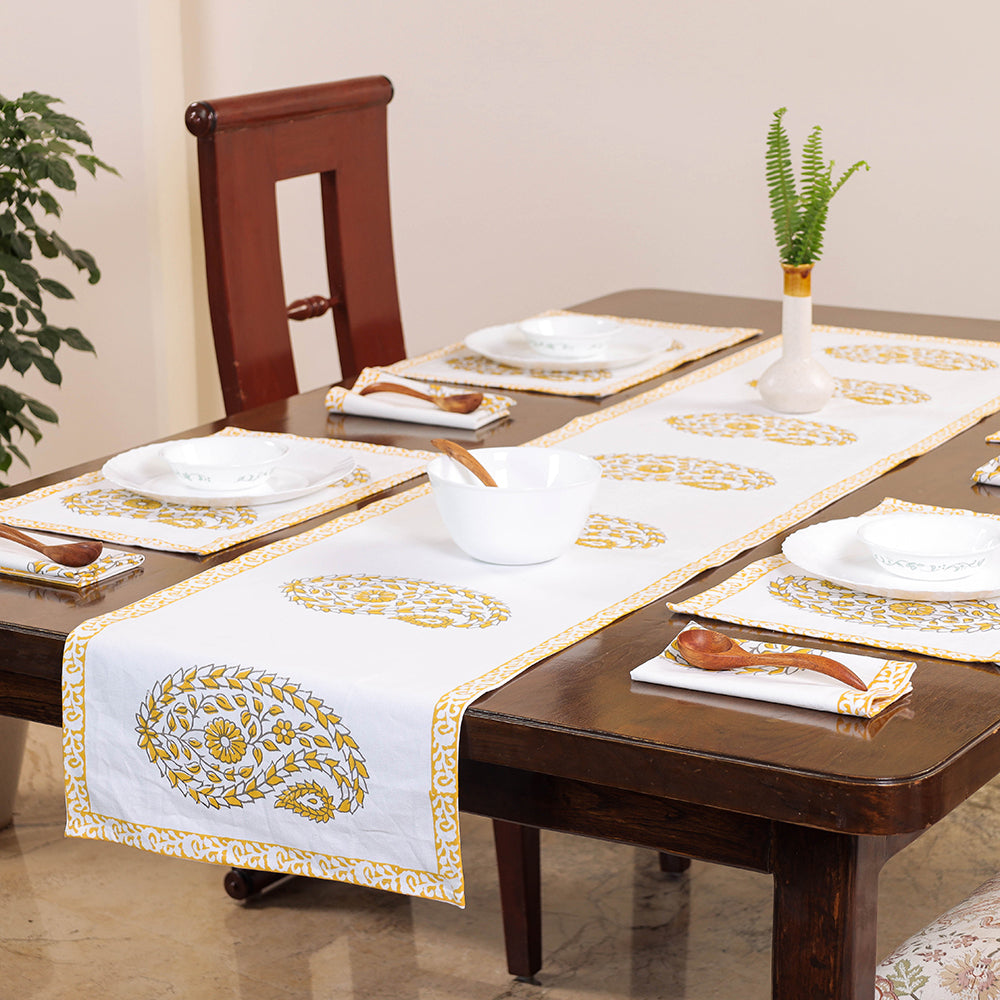 Sanganeri Block Printing Cotton Dining Table Runner, Mats (set of 6) & Napkins (set of 6)