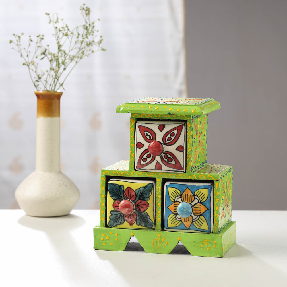 Neem Wood Hand Painted Blue Pottery Ceramic Triple Drawer