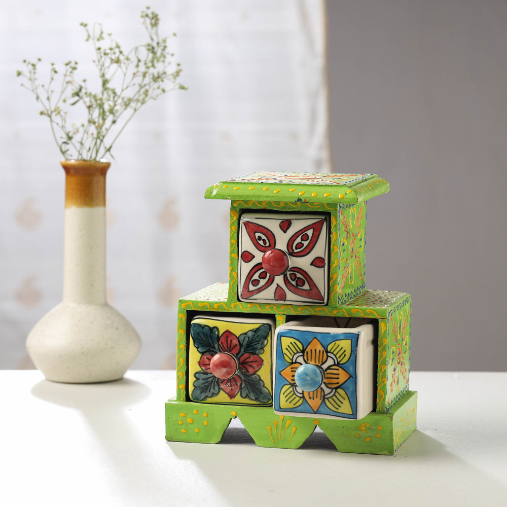Neem Wood Hand Painted Blue Pottery Ceramic Triple Drawer