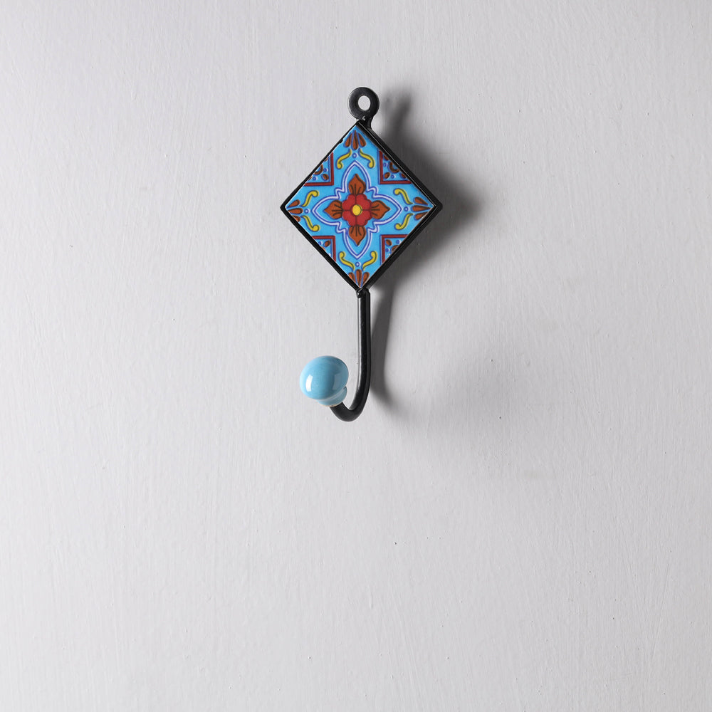 Original Blue Pottery Ceramic Tile Wall Hook Hanger (1 Peg)