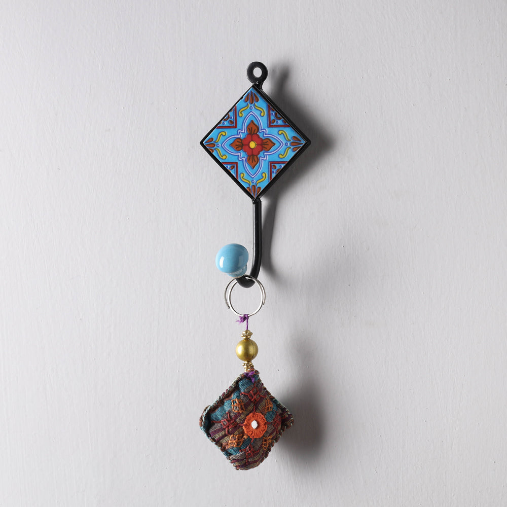 Original Blue Pottery Ceramic Tile Wall Hook Hanger (1 Peg)