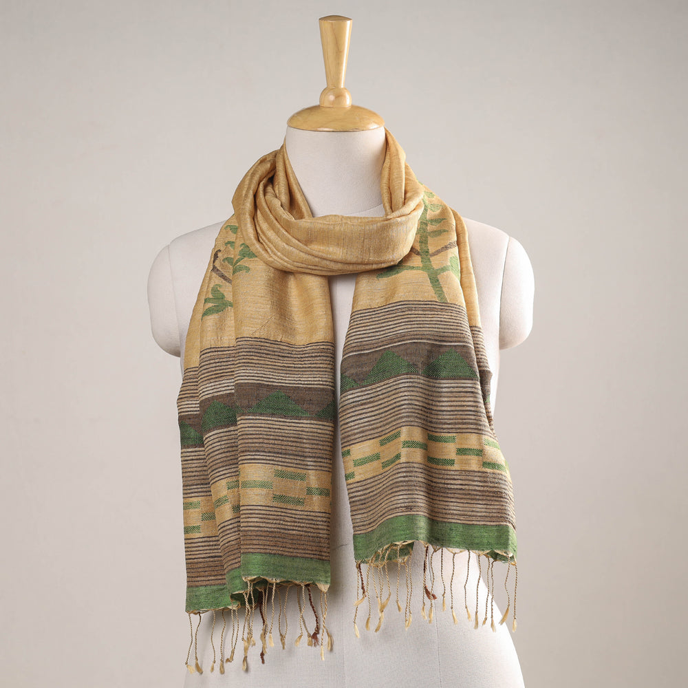 Landscape Djembe Karomi Jamdani Handwoven Silk Stole from Bengal