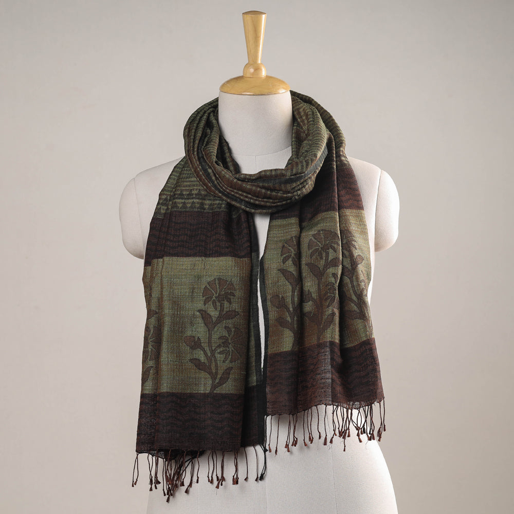 Karomi Jamdani Handwoven Silk Block Printing Stole from Bengal