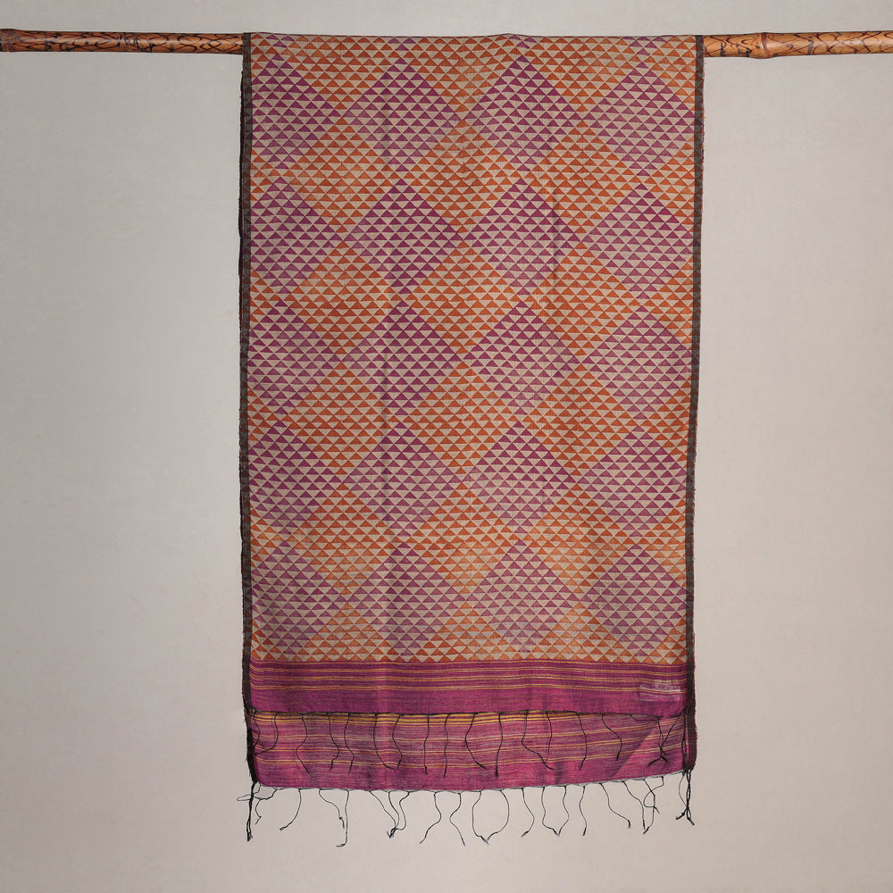 Chromatic Karomi Jamdani Handwoven Silk Block Printed Stole from Bengal