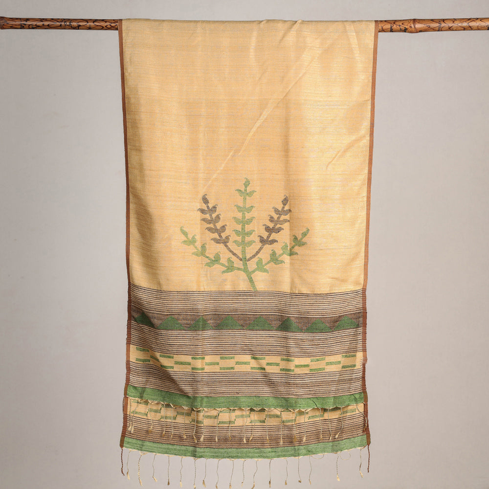 Landscape Djembe Karomi Jamdani Handwoven Silk Stole from Bengal