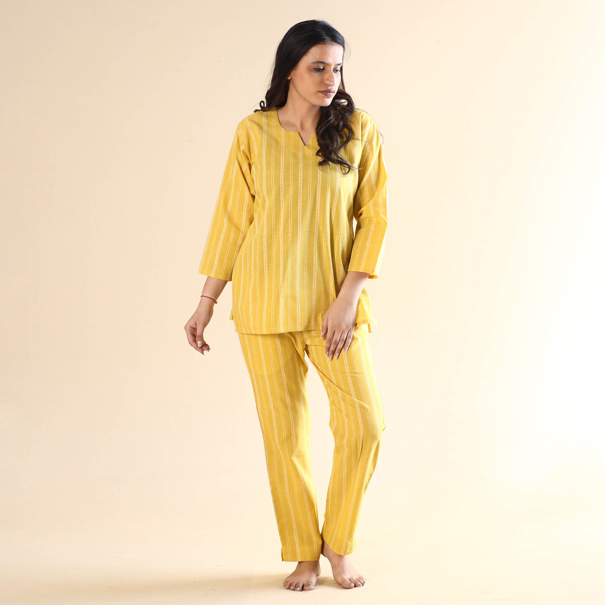 Yellow Jacquard Cotton Top &amp; Pyjama Night Suit Set