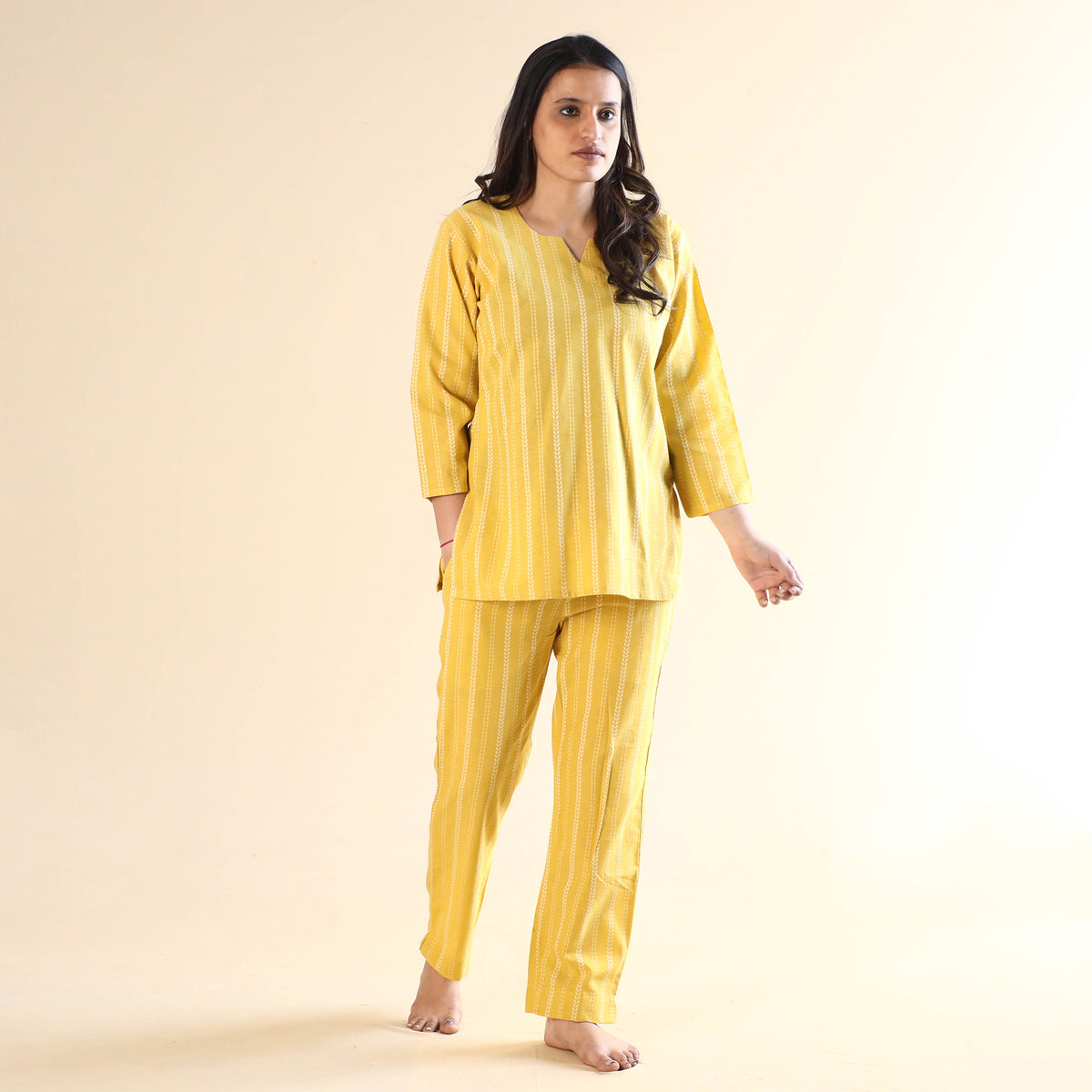 Yellow Jacquard Cotton Top &amp; Pyjama Night Suit Set