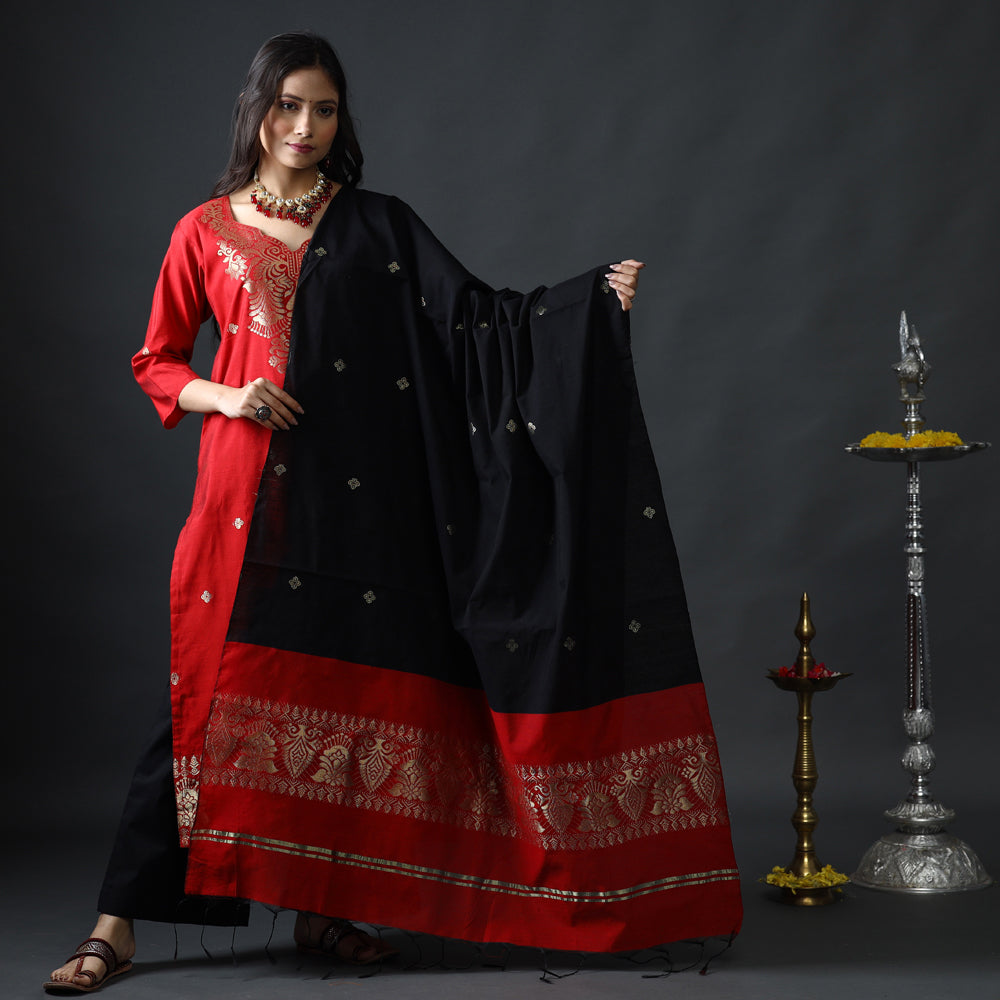 Red & Black Phulia Jamdani Silk Stitched Kurti with Palazzo & Dupatta Set