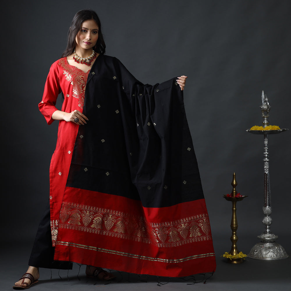 Red &amp; Black Phulia Jamdani Silk Stitched Kurti with Palazzo &amp; Dupatta Set
