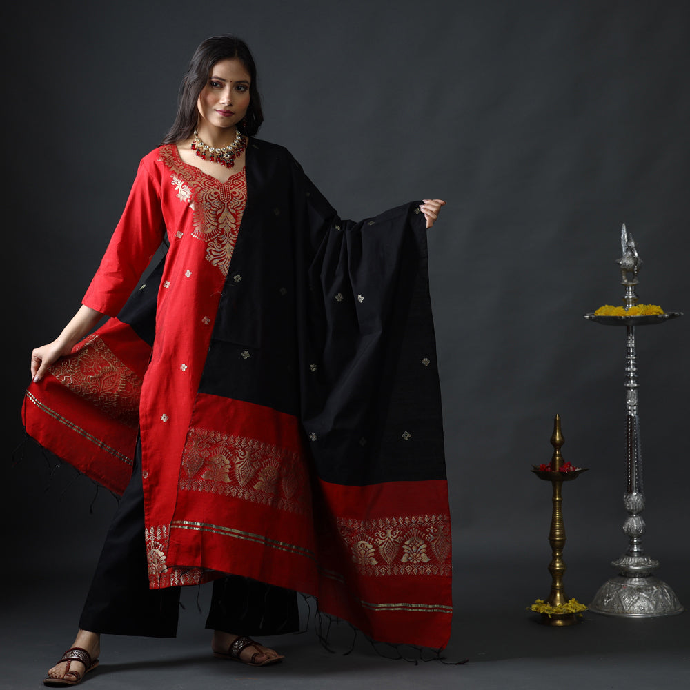 Red &amp; Black Phulia Jamdani Silk Stitched Kurti with Palazzo &amp; Dupatta Set