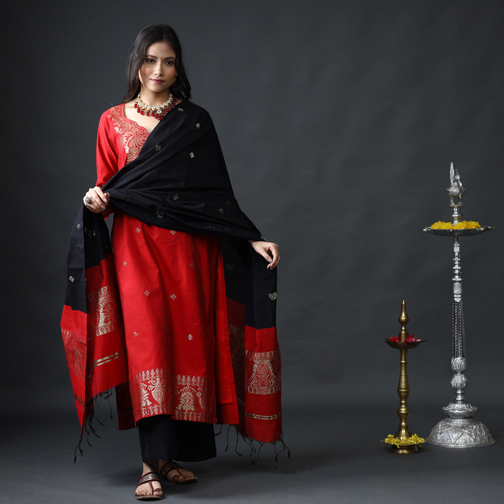 Red &amp; Black Phulia Jamdani Silk Stitched Kurti with Palazzo &amp; Dupatta Set