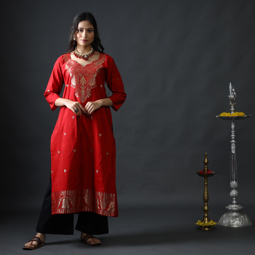 Red &amp; Black Phulia Jamdani Silk Stitched Kurti with Palazzo &amp; Dupatta Set