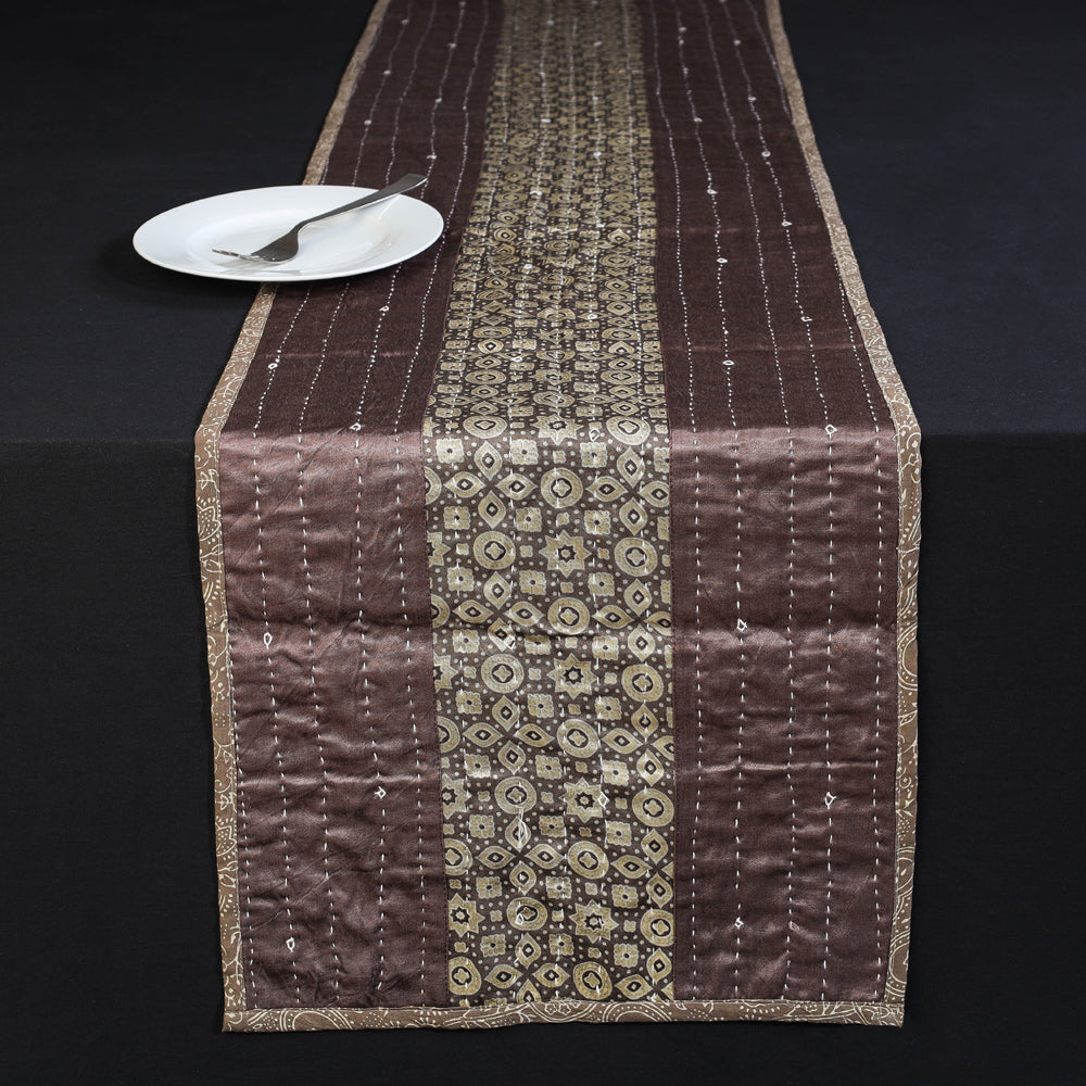 Kutch Tagai Embroidered Ajrakh Mashru Silk Table Runner (72 x 14 in)