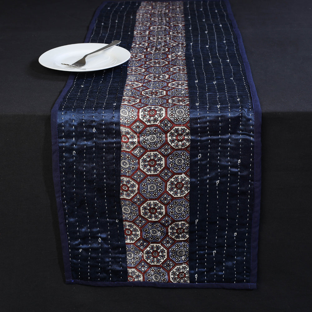 Kutch Tagai Embroidered Ajrakh Mashru Silk Table Runner (48 x 14 in)