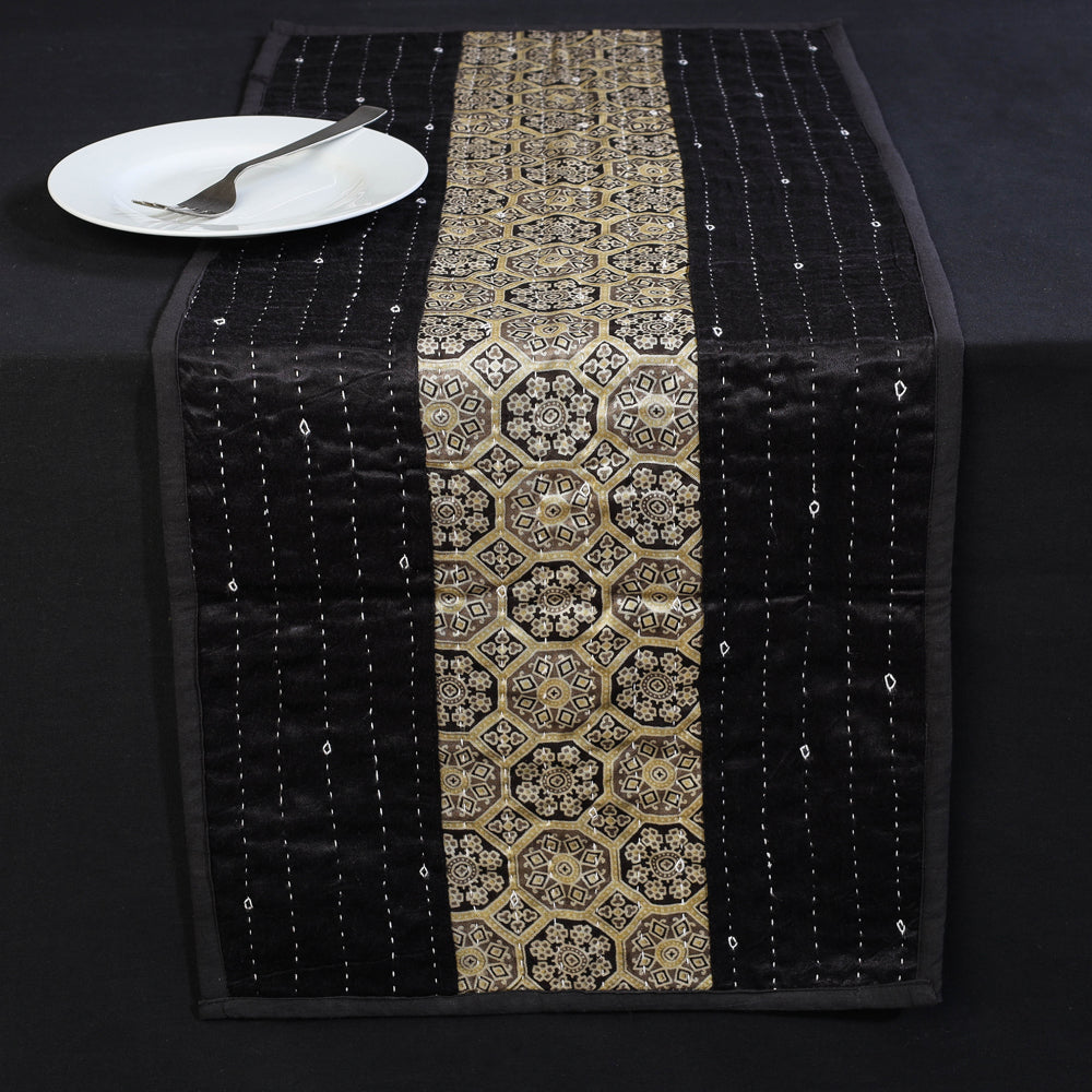 Kutch Tagai Embroidered Ajrakh Mashru Silk Table Runner (36 x 14 in)
