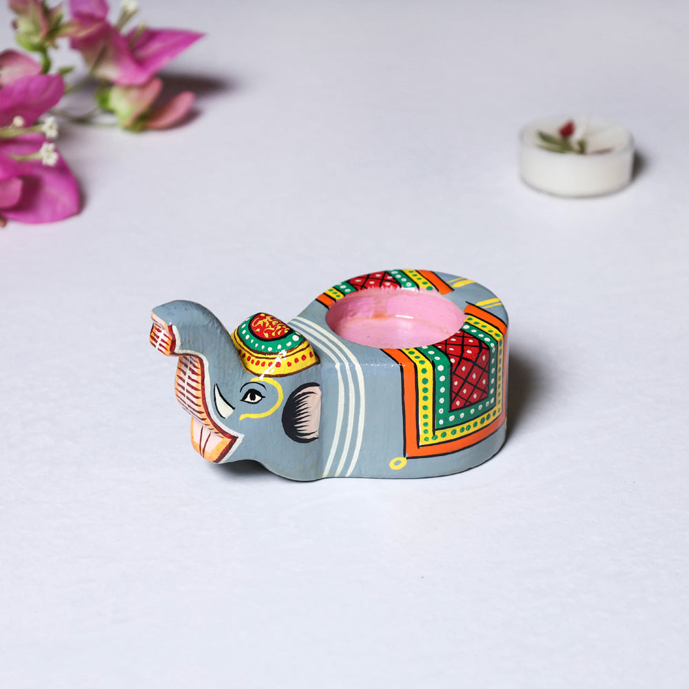 Elephant Handpainted Wooden Candle Holder