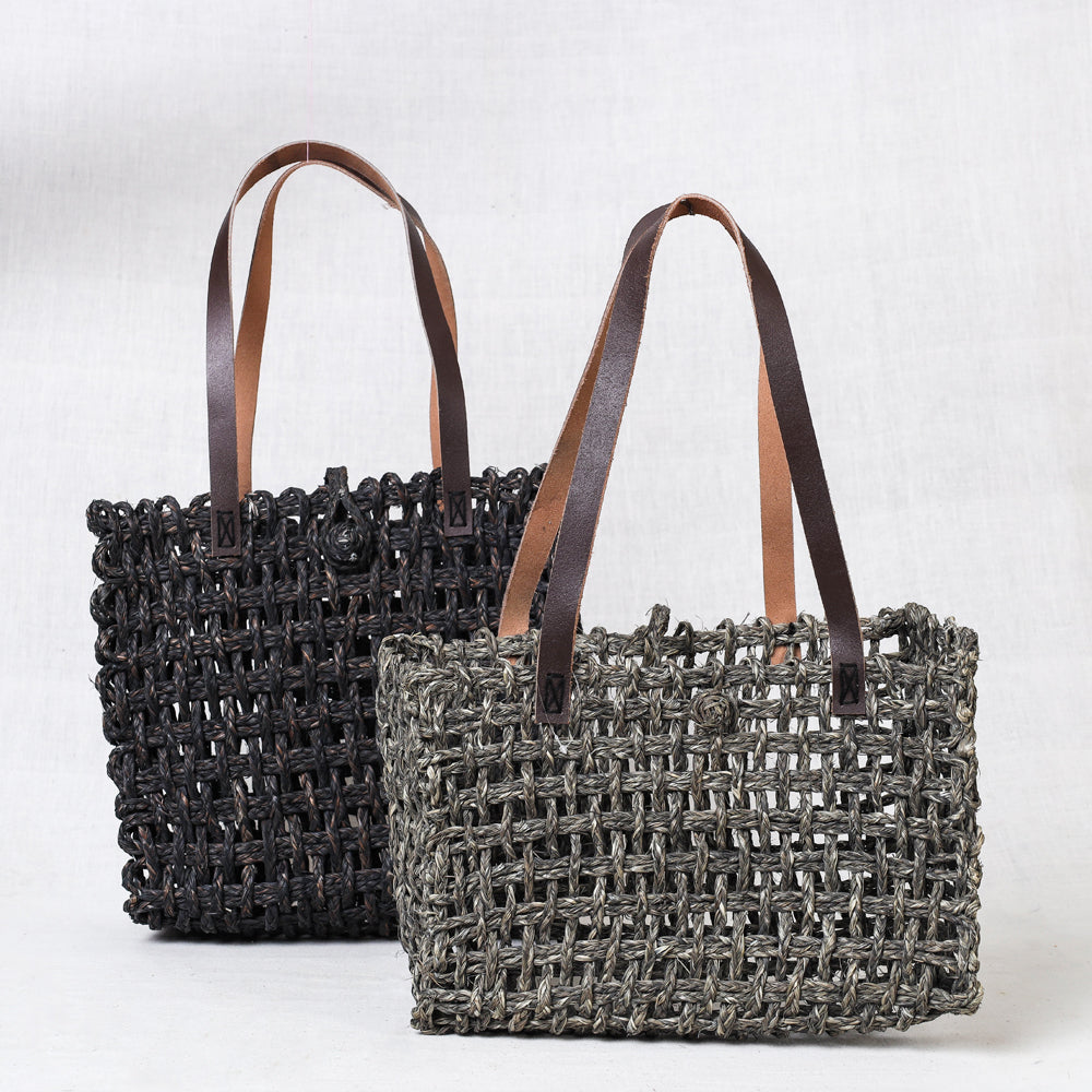 Kadam Haat Handmade Sabai Grass Lunch Bag Set of 2 (Black &amp; Grey)