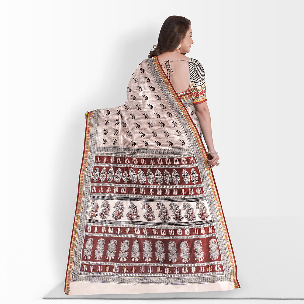 Bagh Hand Block Printing Natural Dyed Cotton Saree with Zari Border
