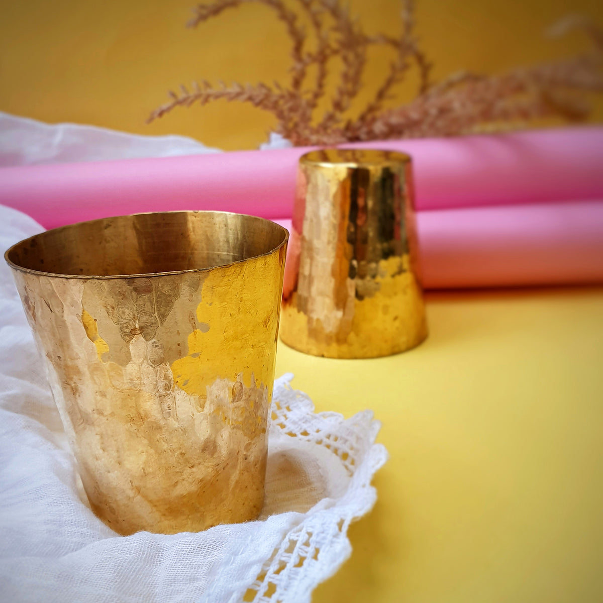 P-TAL Thathera Hand-hammered Brass Dessert Glasses Set - Brass Tea Glasses with Spoons