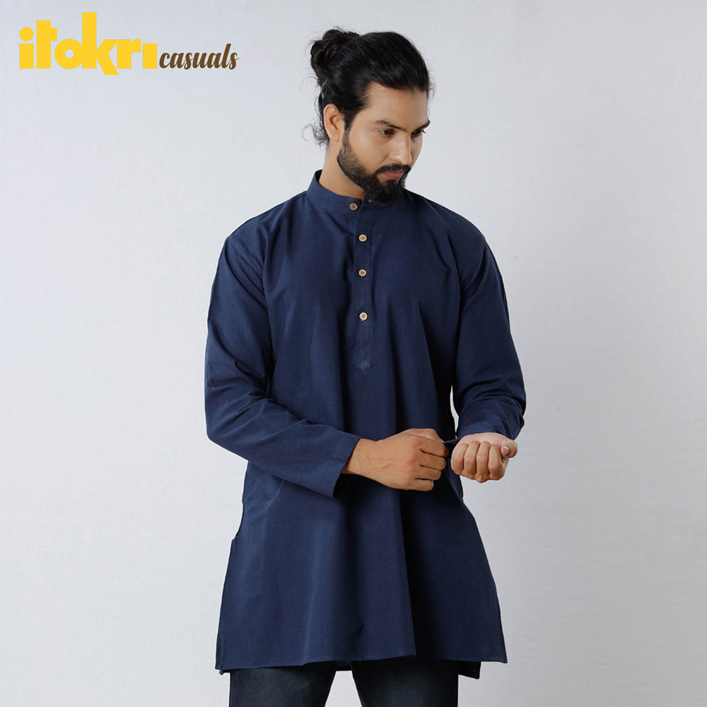 Navy Blue - Handloom Cotton Men Short Kurta