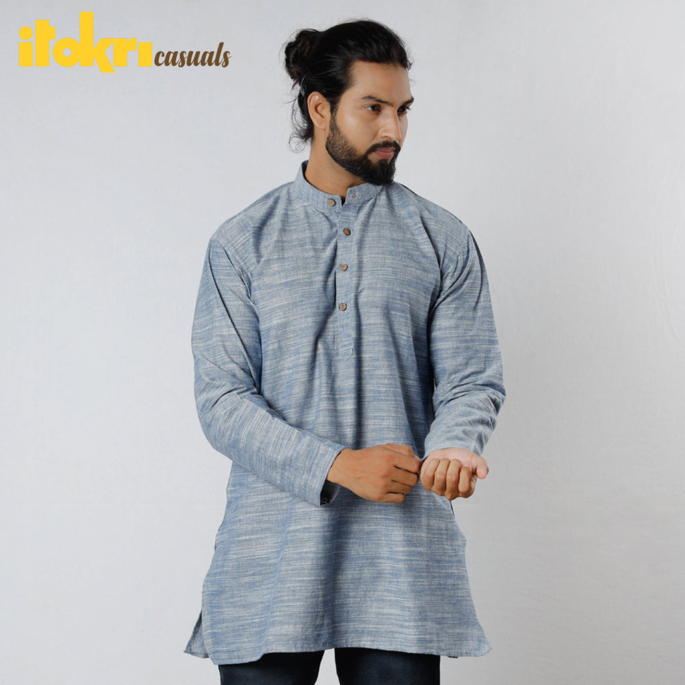 Blue White Handloom Cotton Men Short Kurta