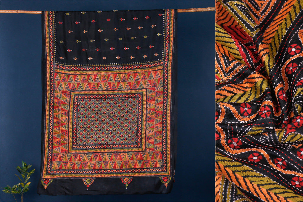 Authentic Bengal Kantha Embroidered Silk Saree