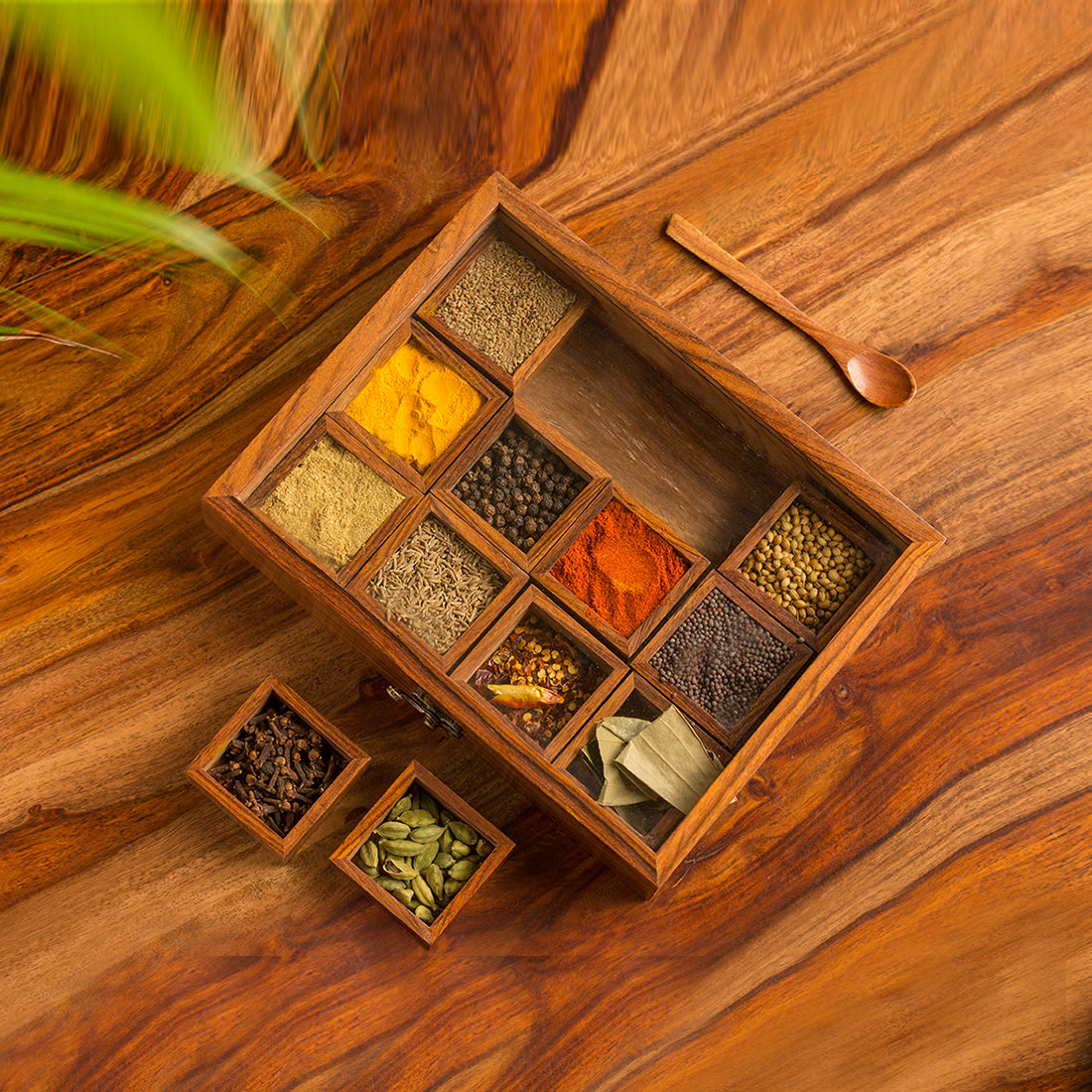 &#39;Twelve Blends&#39; Spice Box With 12 Containers &amp; Spoon In Sheesham Wood
