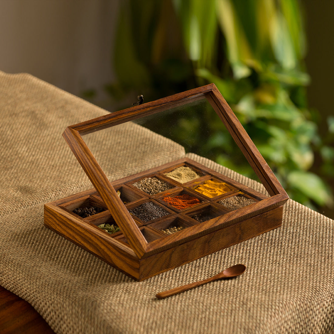 &#39;Twelve Blends&#39; Spice Box With 12 Containers &amp; Spoon In Sheesham Wood