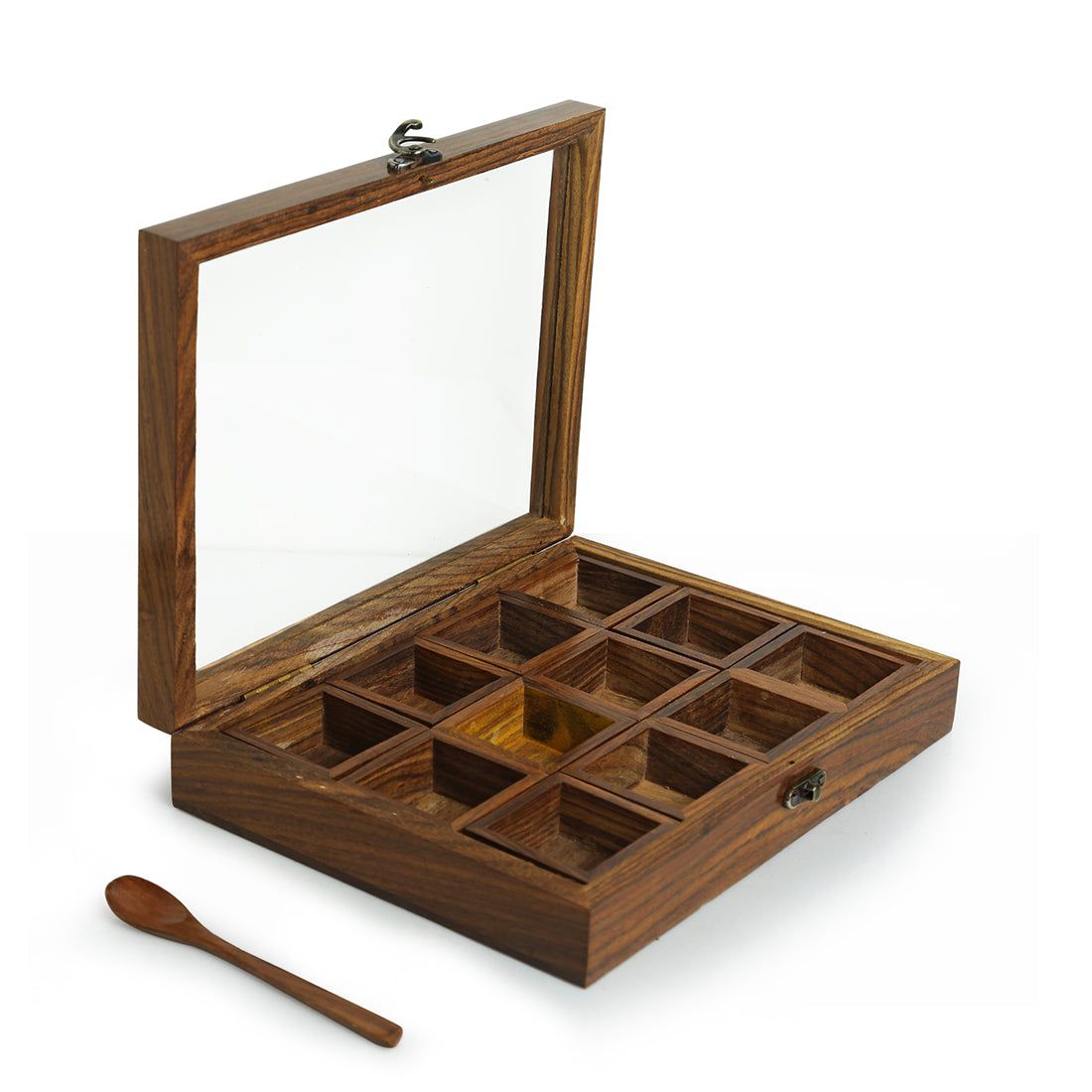 &#39;Twelve Blends&#39; Spice Box With 12 Containers &amp; Spoon In Sheesham Wood