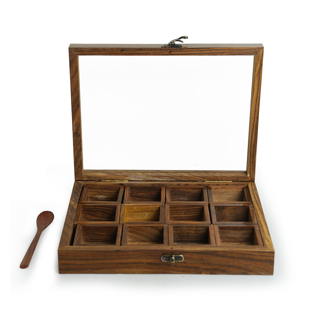 &#39;Twelve Blends&#39; Spice Box With 12 Containers &amp; Spoon In Sheesham Wood