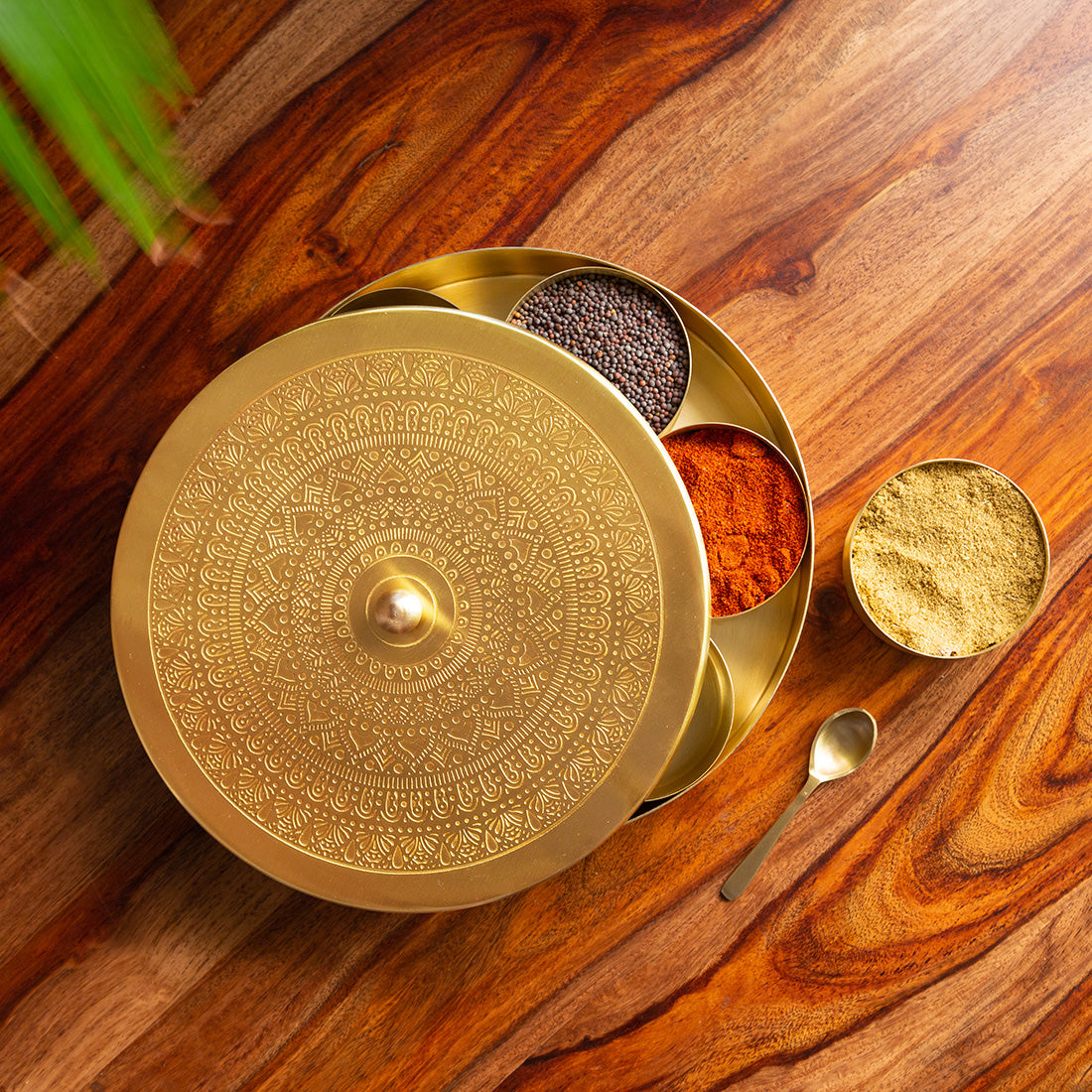 &#39;Mandala-Etched&#39; Handcrafted Spice Box In Brass With Spoon (7 Containers, 100 ML)