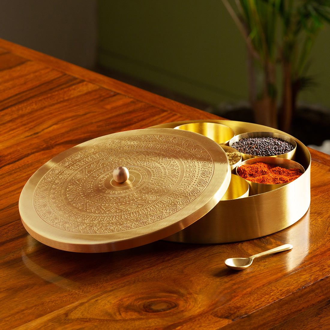 &#39;Mandala-Etched&#39; Handcrafted Spice Box In Brass With Spoon (7 Containers, 100 ML)
