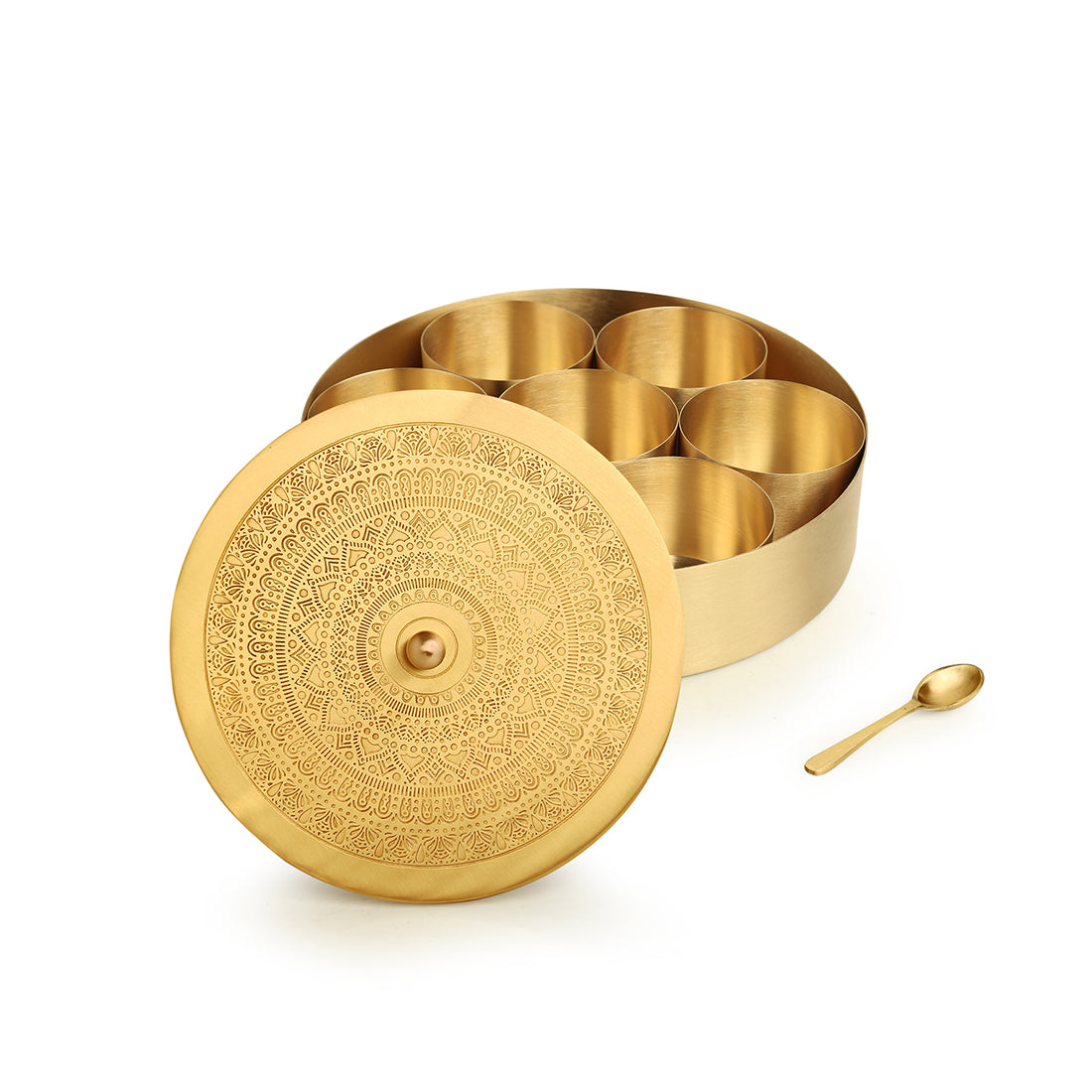 &#39;Mandala-Etched&#39; Handcrafted Spice Box In Brass With Spoon (7 Containers, 100 ML)