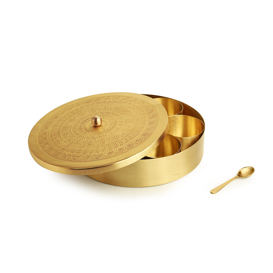 &#39;Mandala-Etched&#39; Handcrafted Spice Box In Brass With Spoon (7 Containers, 100 ML)