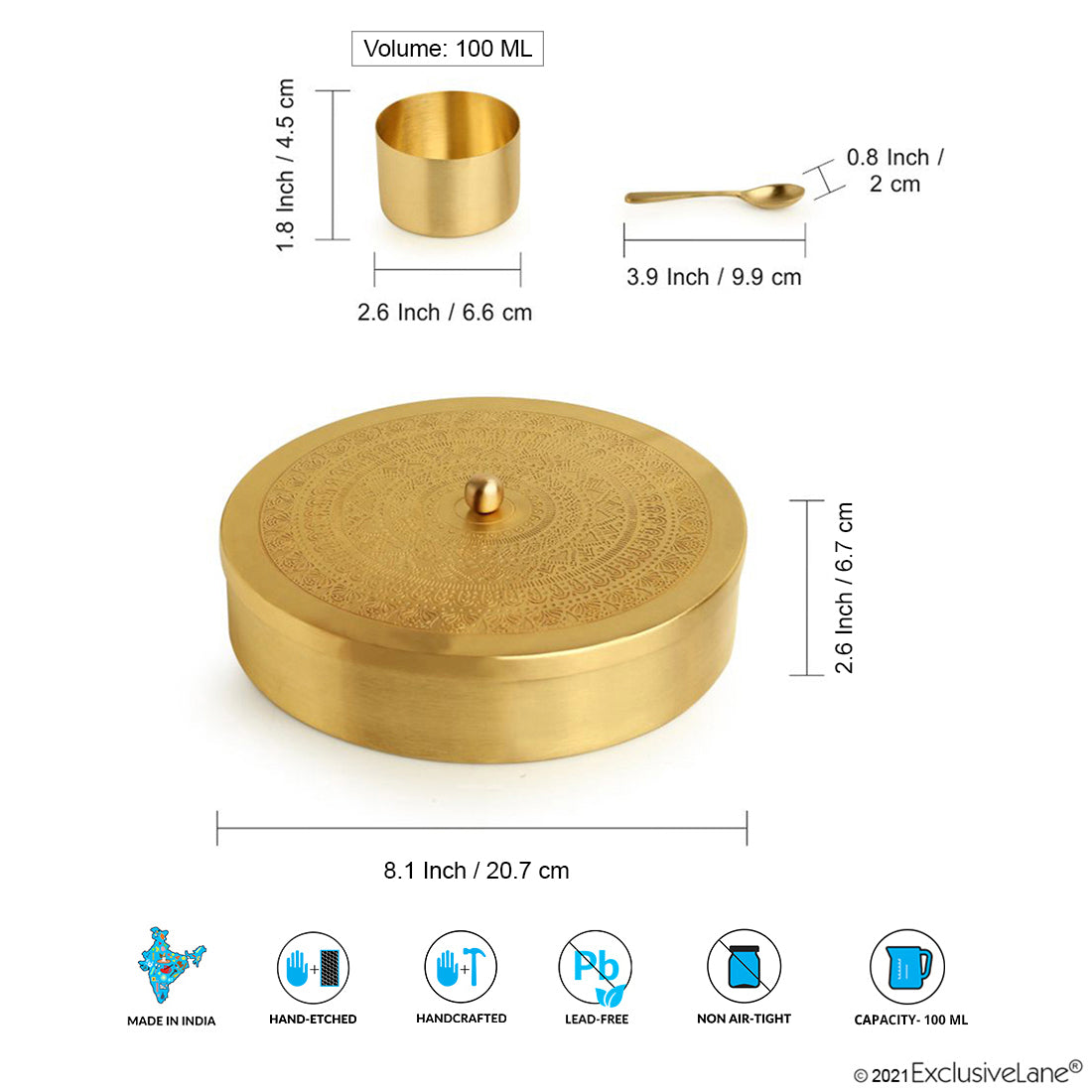 &#39;Mandala-Etched&#39; Handcrafted Spice Box In Brass With Spoon (7 Containers, 100 ML)