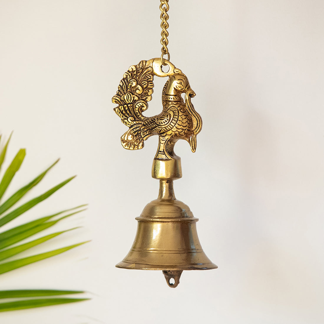 &#39;Elegant Peacock&#39; Hand-Etched Decorative Hanging Bell In Brass